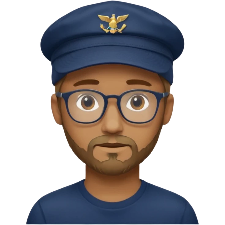guy with navy blue and dark green cap, brown glasses, white t-shirt, and dark blonde scruff emoji