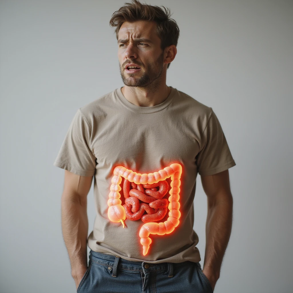 realistic adult man with simple clothing, suffering expression, transparent intestine highlighted with red swollen inflamed areas, symbol of sugar-induced inflammation, reddened skin, atmosphere of discomfort, neutral background, 4K quality emoji