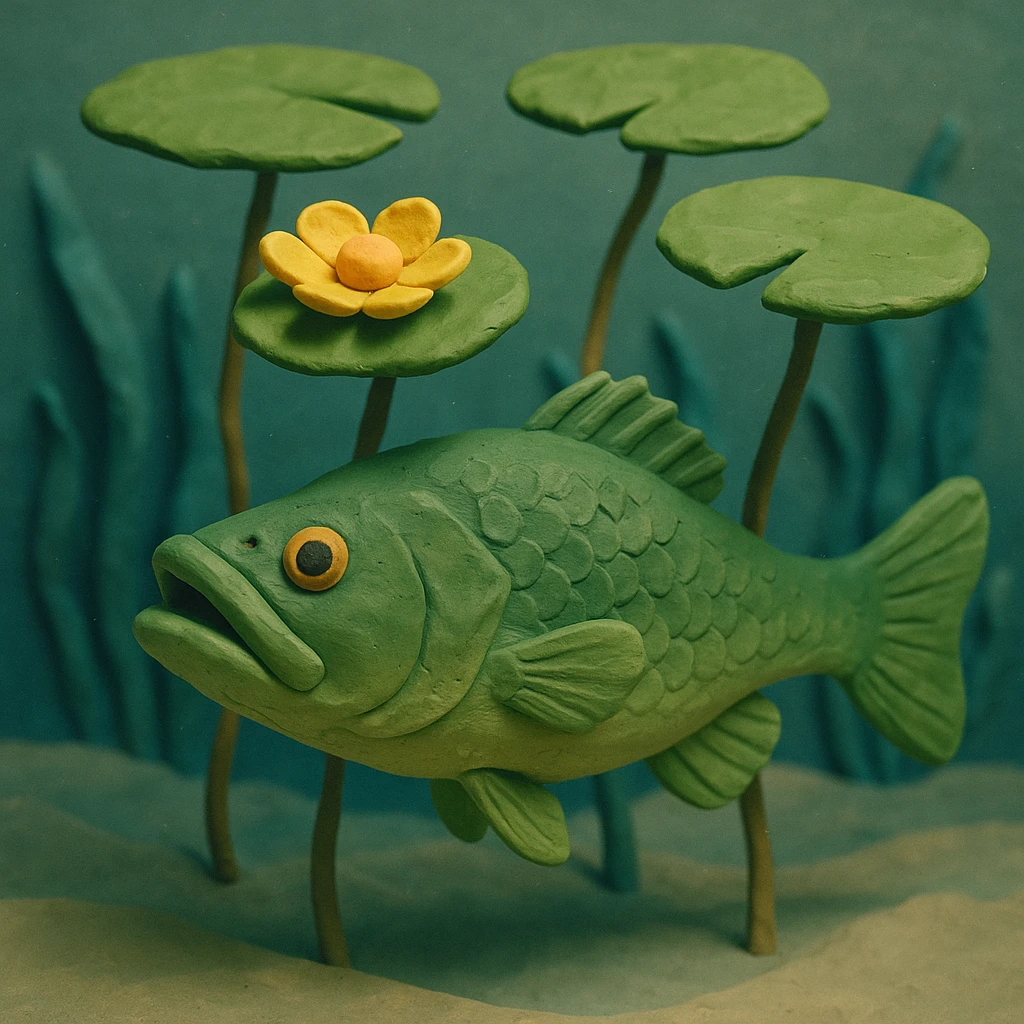 underwater scene with a bass and lily pads, soft lighting, textured look, claymation style emoji