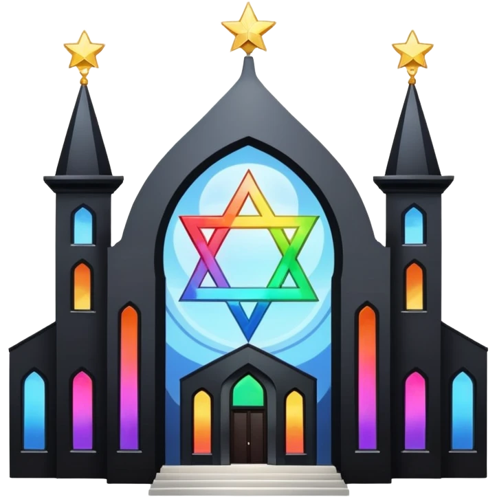 jewish synagogue temple in dark goth aesthetic style with black building and light rainbow tint glass windows and star of david and celestial symbolism emoji