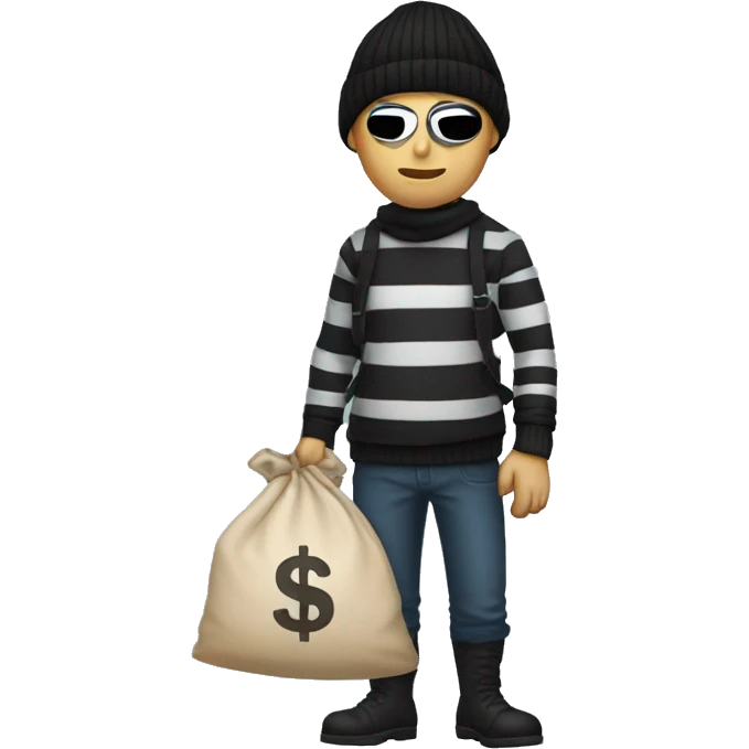 Thief wearing mask, striped shirt and black beanie, holding a sack of money behind his back. Just the top part emoji