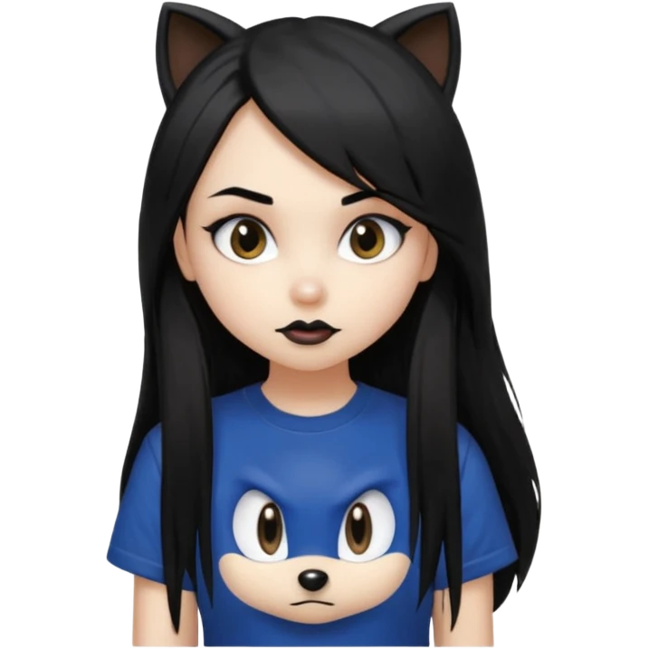 make a goth attractive girl with straight long black hair, side bangs, with brown eyes and wearing sonic clothes  emoji