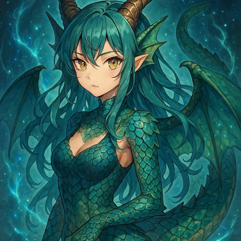 dragon girl, anime style, detailed scales, magical aura emoji