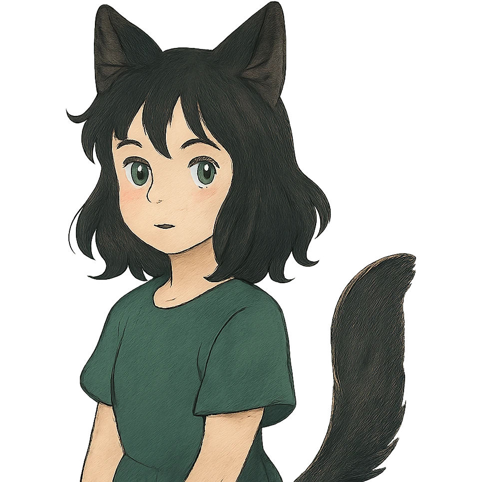a girl with black fox ears and a tail, green eyes, dark hair emoji