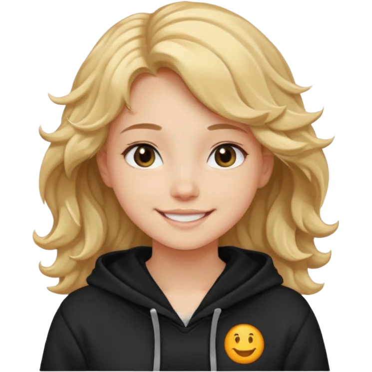 ЗГЕНЕРУЙ ОБЛИЧЧЯ ДІВЧИНИ З СВІТЛИМ, ХВИЛЯСТИМ ВОЛОССЯМ ДО ГРУДЕЙ , ОДЯГНЕНУ В ЧОРНИЙ ХУДІ ТА УСМІХНЕНУ emoji