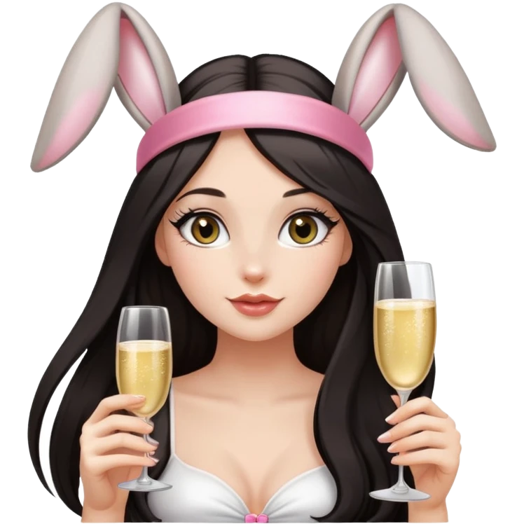 Girl with long dark hair with bold eyelashes holding glass of champagne and wearing bunny ears headband emoji
