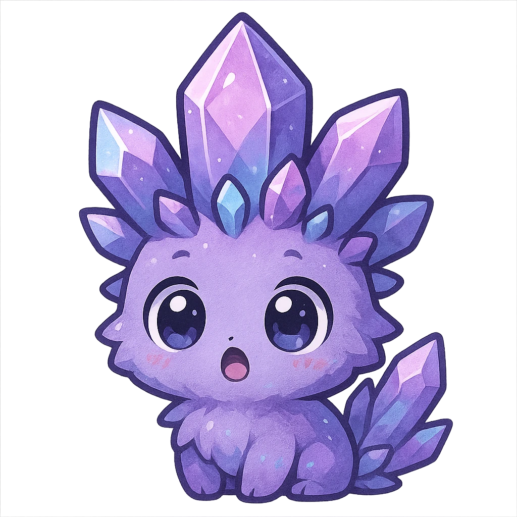 kawaii chibi style crystal sprite creature in purple, blue, and pink with a surprised expression and wide eyes emoji