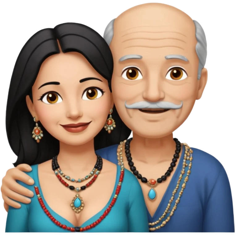 I want an old man with balding and grey beard  wearing no jewelery and a woman in her 40s with dark black hair parted in indian woman style wearing a beads chain  with the cleavage of the woman visible in a passionate embrace. The man should have no jewellery, both must be blissfully smiling emoji