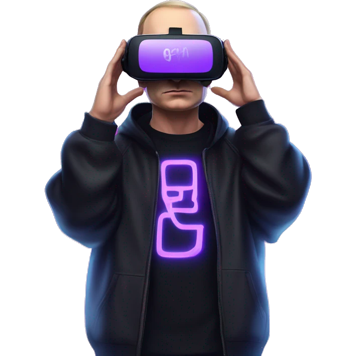Putin wearing a black hoodie with "OMG" letters on it and VR headset oculus quest 2 in a cyberpunk VR environment with violet neon lighting. emoji