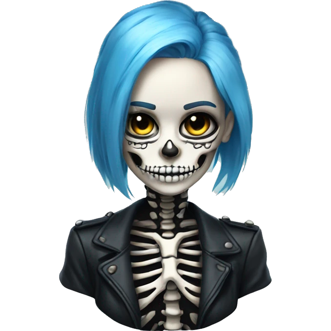 one girl skeleton, with blue hair, black bress, chains emoji