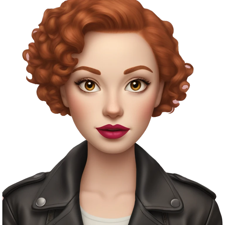 Girl with very pale skin, true red curly short hair with a side part, heavy cat-eye makeup, long eyelashes, bright pink blush and lipstick.  Her eyebrows are dark, arched and very high.  Hazel eyes. Big lips. Thin. Wearing a leather jacket  emoji