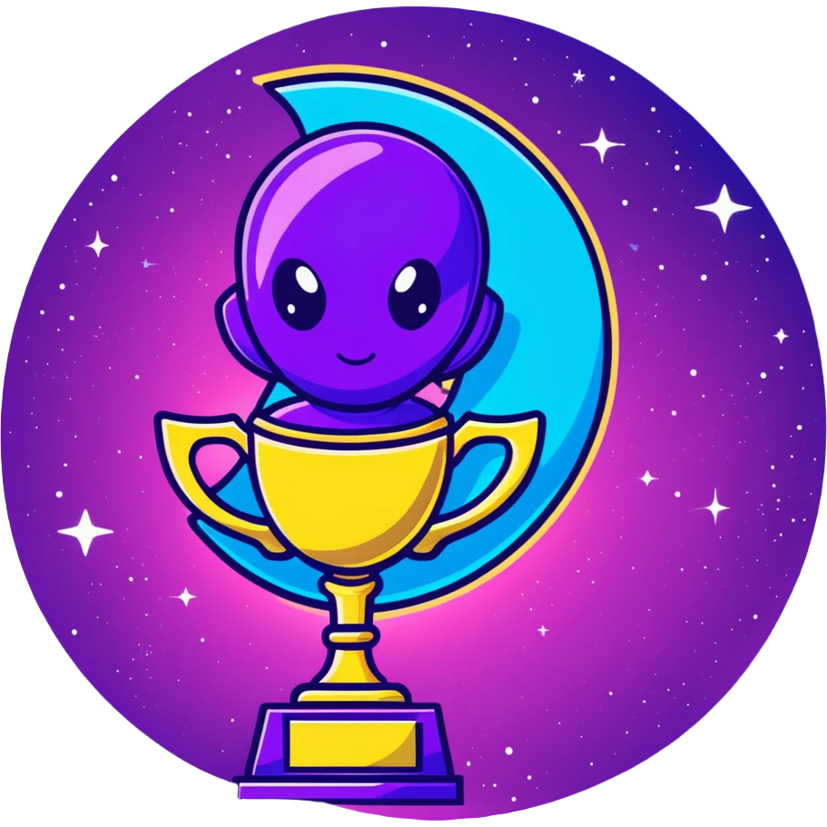Alien award trophy with aurora-like cosmic colors, deep space purples and blues, gleaming with stardust emoji