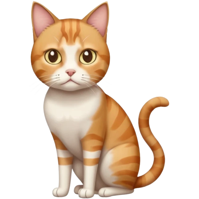 full body white, ginger and brown tabby calicio cat with skinny head and fat body with an anxious face emoji