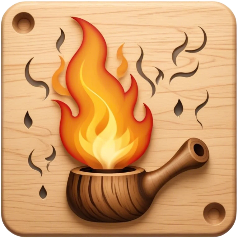 Pyrography icon, burning tool creating a detailed design on wood, visible heat marks and intricate patterns forming, smoke rising, wood texture, minimalistic style, clean lines, transparent background. emoji
