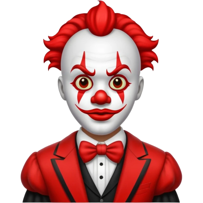 Crea un payaso con cara blanca sin pelo con cuernos negros y un traje rojo con negro emoji