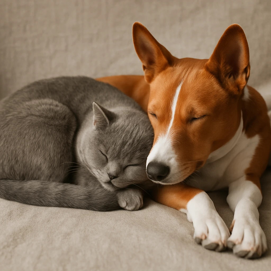A gray British Shorthair cat curled up and sleeping next to a red Basenji dog emoji