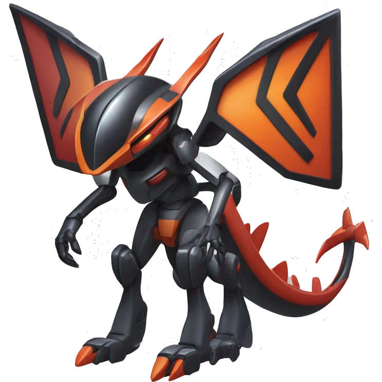 a shiny metallic black-red-orange Genesect-Flygon-Raptor-Fakémon-Medabot-hybrid with a futuristic visor-helmet full body emoji