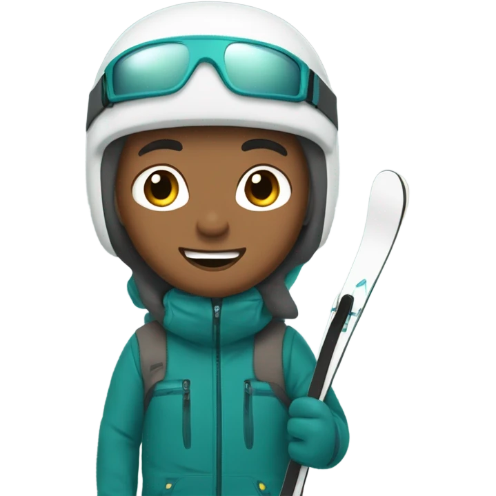 Tan white Boy with wavy brown hair skiing on teal skis. He is wearing a gray coat and black snow pants  emoji