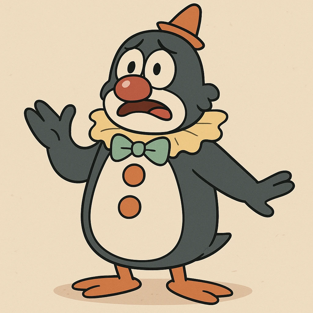 un pingouin clown, flat toon style emoji