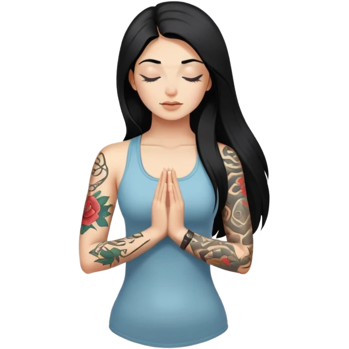 yoga girl long black hair and eyes closed and tattoos on her left arm  emoji