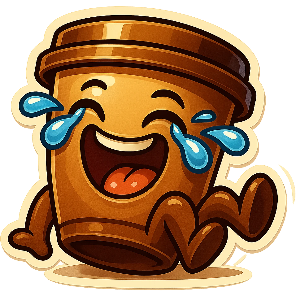 Tall coffee cup, laughing hard, tears in eyes, rolling on ground, dramatic laugh emoji