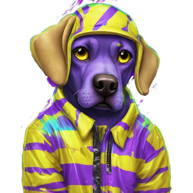 .Zombie_ Vaporwave black holographic oilslick zombie yellow Labrador zombie dog yellow caution tape graffiti stripes iridescent blue purple mane yellow stripes emoji