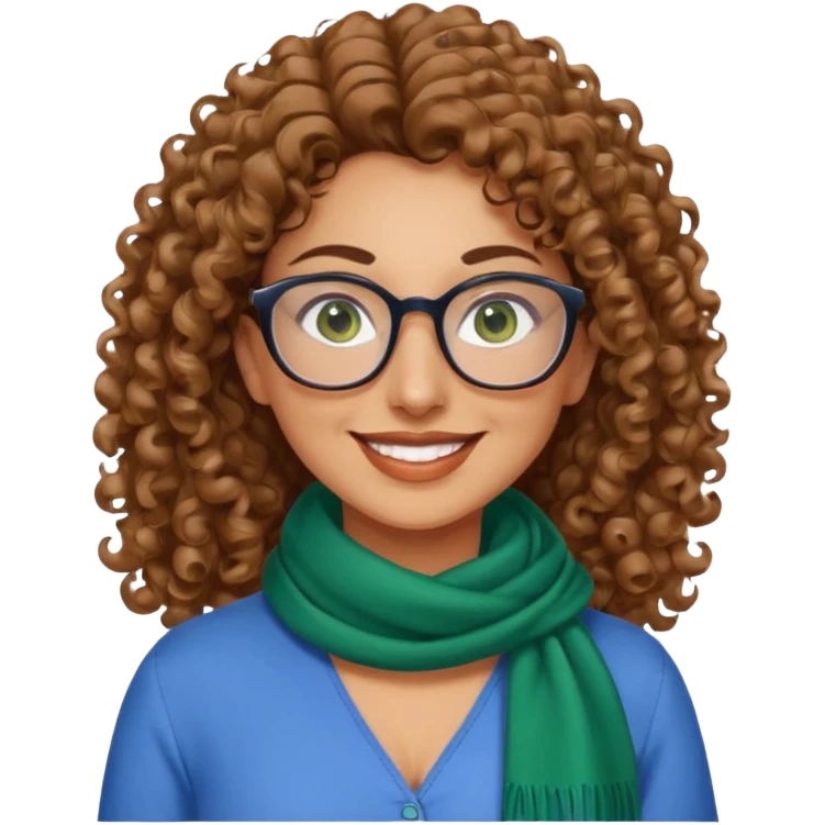 40 yr old Iranian woman, light brown very curly thick hair, shoulder length hair, green eyes, tan skin, big smile, big glasses, blue dress shirt with white scarf on neck emoji