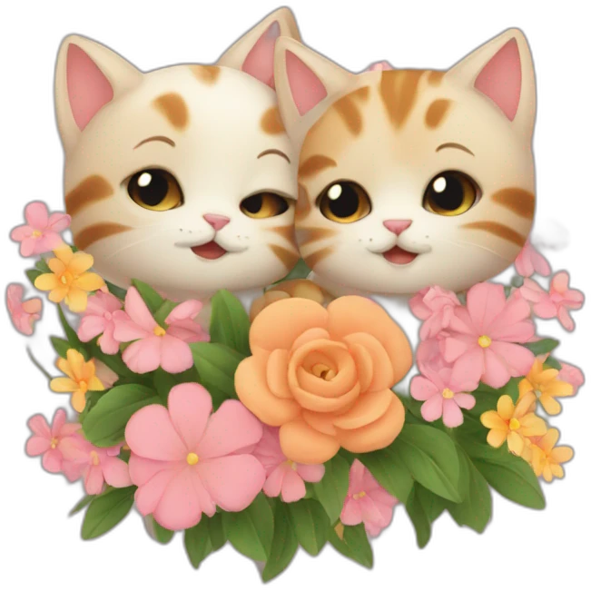 Cute cats hugging with flowers emoji