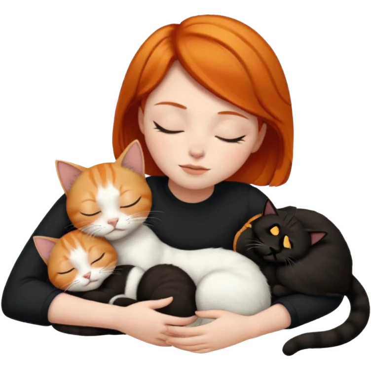 Ginger Girl short hair sleeping with two cats a black and a white bigger cat  emoji
