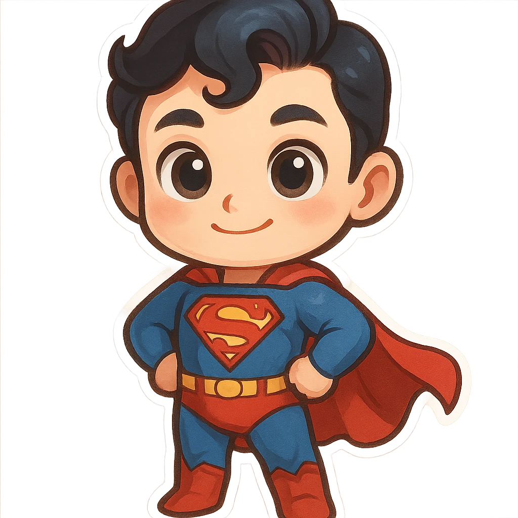 Superman with big eyes, fun and expressive style, cartoon, playful, whimsical emoji