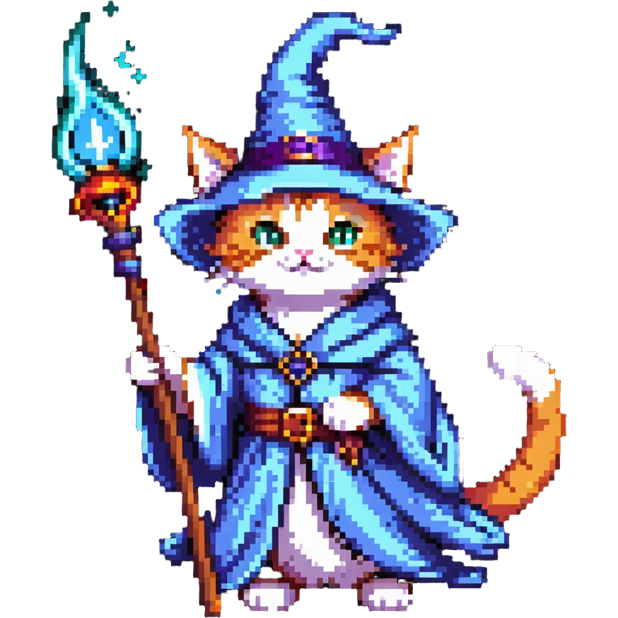 A cat wizard casting a spell with magical staff and flowing robes emoji