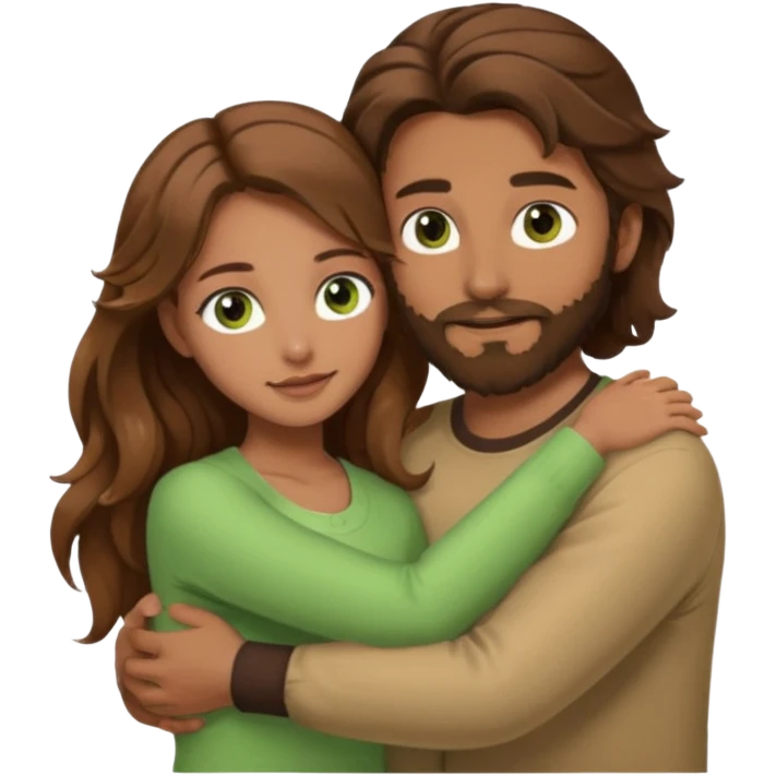 a man with  brown hair and brown beard with hazel eyes and a girl with long brown wavy hair with green eyes, togheter, with neutral clothes, hugged each other emoji