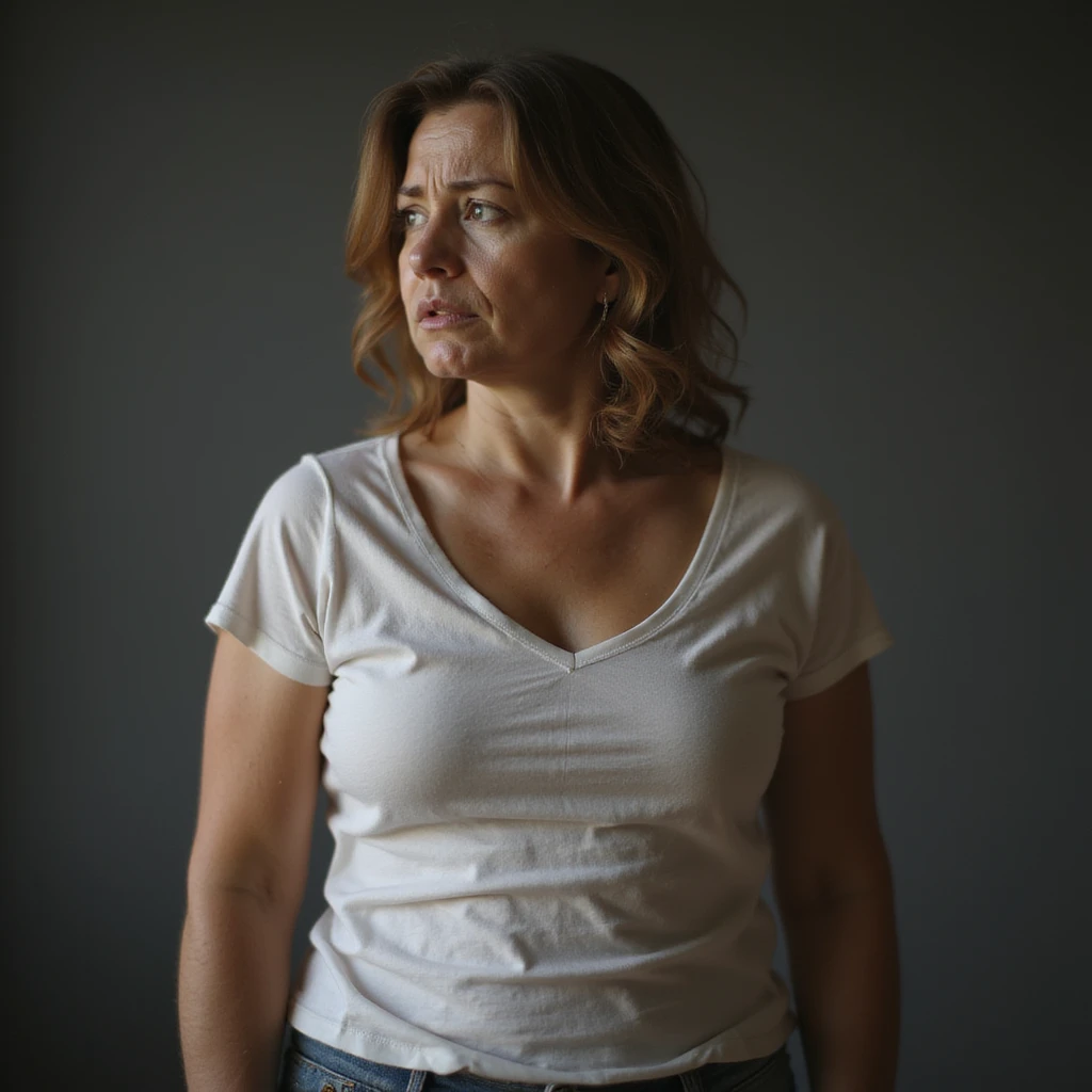 adult woman, photorealistic, unable to lose weight despite diet, distressed expression, looking at scale with disappointment, soft light, bathroom background emoji