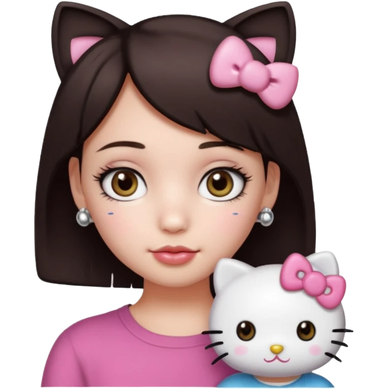 Chica con pelo corto y castaño oscuro, piel blanca, ojos hazel y pestañas largas, un piercing septum redondo pequeño y un filtro de hello kitty emoji