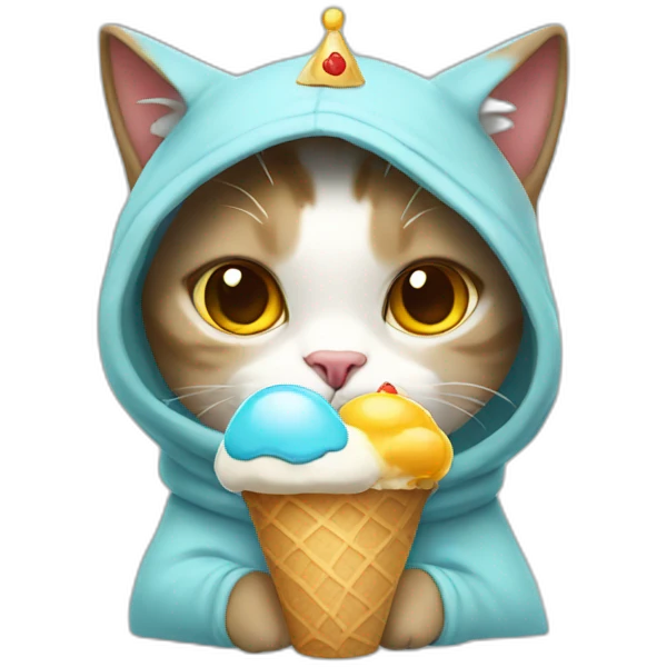 Cat wearing a hoodie having a crown on its head and holding an ice cream  emoji