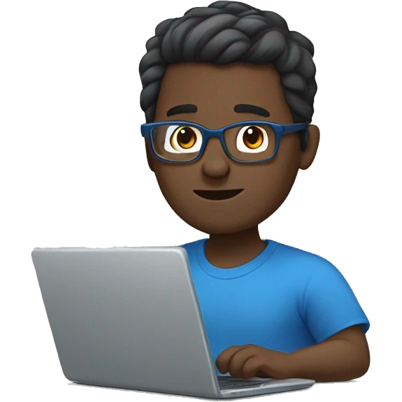 white guy with dark brown hair square glasses typing in laptop wearing blue t-shirt working in call center emoji