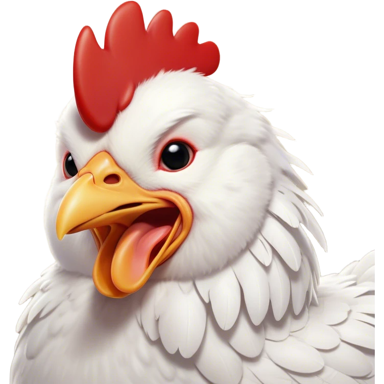 Cinematic Cute Yawning White Chicken Portrait Emoji, Head tilted slightly with a dramatic, wide-open yawn, showcasing a soft, fluffy white plumage with a crisp red comb and drooping wings, round beady eyes barely open in drowsy contentment, Simplified yet irresistibly adorable features, highly detailed, glowing with a soft, cozy glow, high shine, relaxed yet expressive, stylized with a touch of whimsy, bright and endearing, soft glowing outline, capturing the essence of a sleepy yet affectionate chicken, so drowsy it feels like it could stretch out of the screen and curl up for a nap! emoji