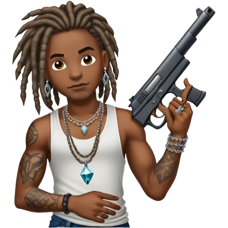 african-american race pig with dreads looking gangster with gun and tank top, with diamond blinging chain, with tattoos emoji