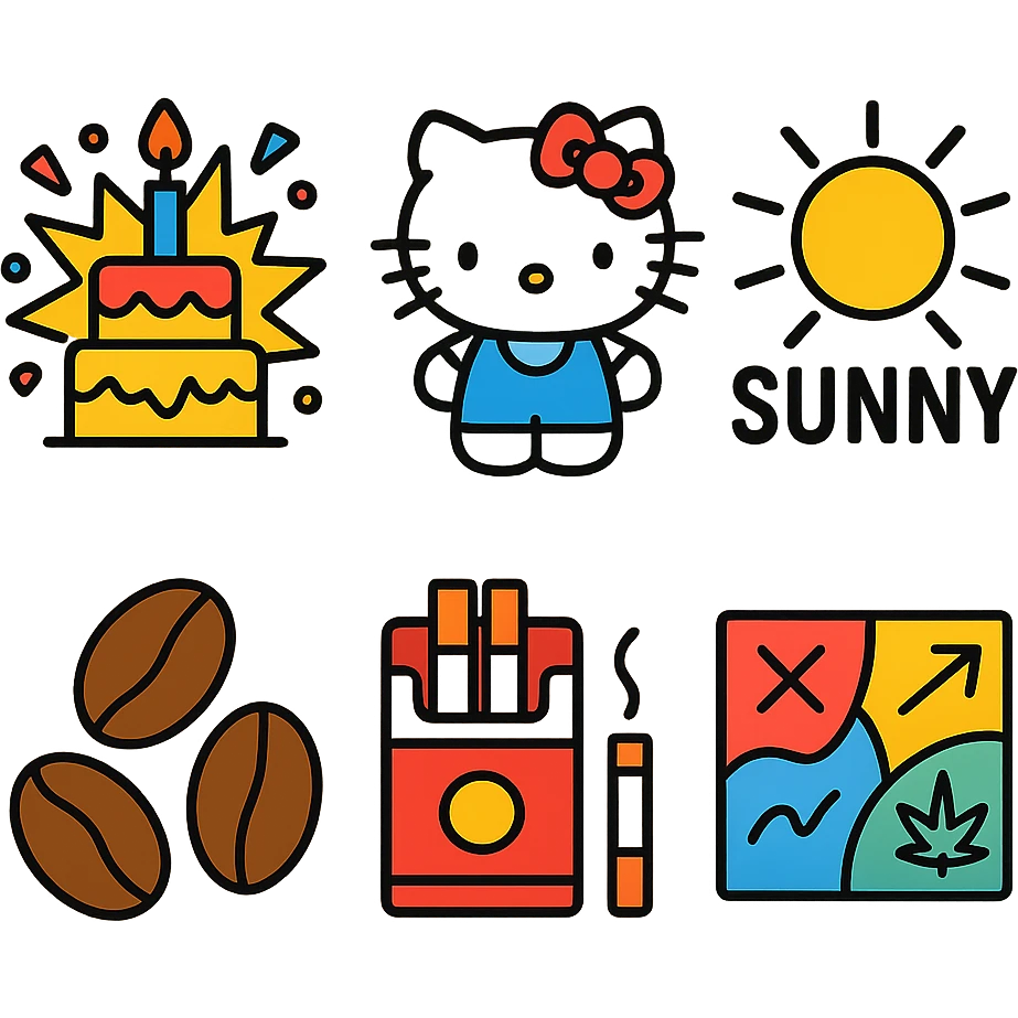 birthday explosion with Hello Kitty, Sunny in Philadelphia, coffee beans, cigarettes, cannabis, graffiti and collage elements emoji
