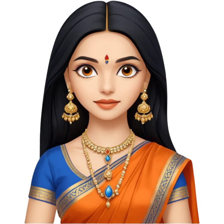 generate a pretty bratz Deepika Padukone with long black hair middle parted.
Wearing an orange saree with a blue blouse, golden jhumkas
 emoji
