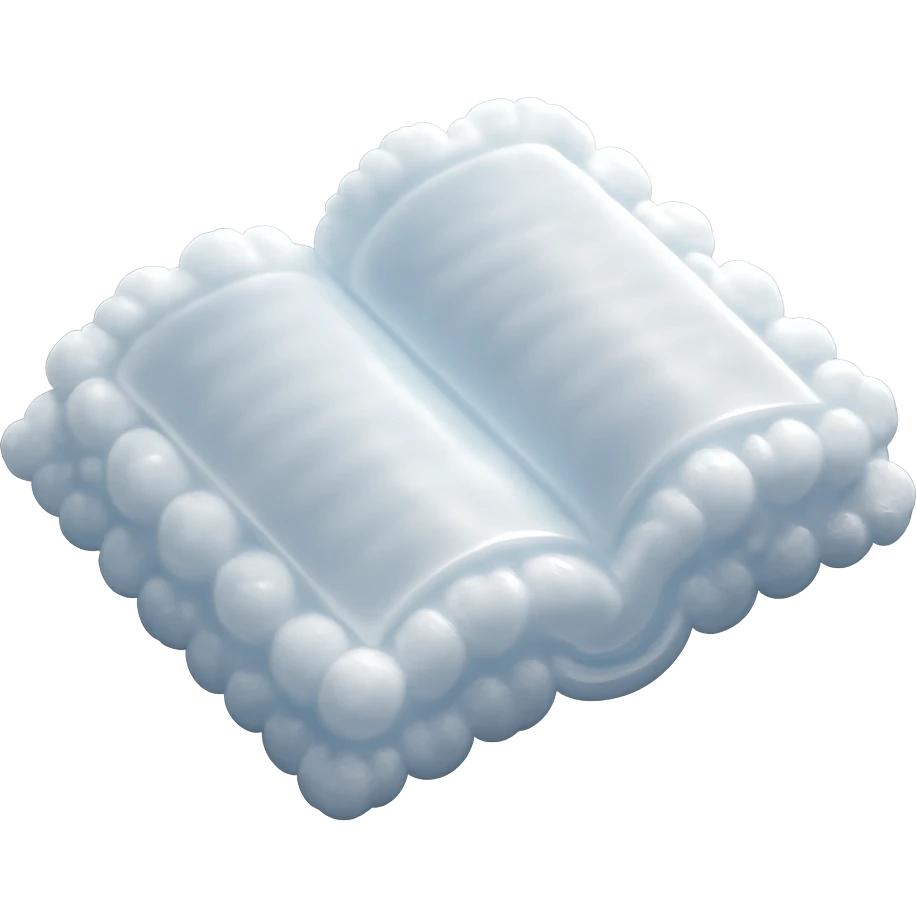 top view of a thick open book made entirely of small, very bright white fluffy convex clouds, matte glass style emoji