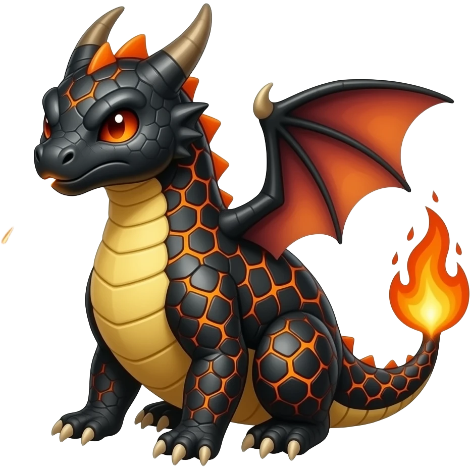 A small draconic creature covered in black scales with molten orange lines between them. It puffs sparks when annoyed and can flare into a blazing glide. emoji