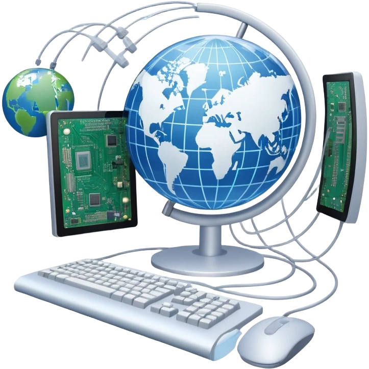 An icon featuring a computer monitor displaying code, a globe with network nodes, and a circuit board, symbolizing IT. The design includes data streams, cloud storage, and a keyboard, representing digital innovation, connectivity, and problem-solving. Transparent background emoji