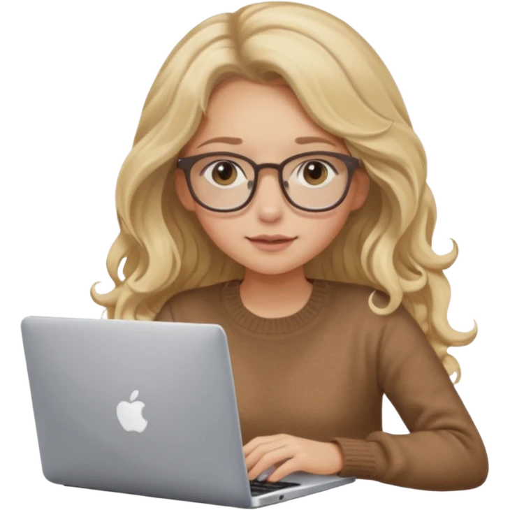 blonde girl with long dark blonde wavy hair, pantos-style glasses, a brown sweater, sitting and looking in laptop, soft pastel, upper body shot emoji