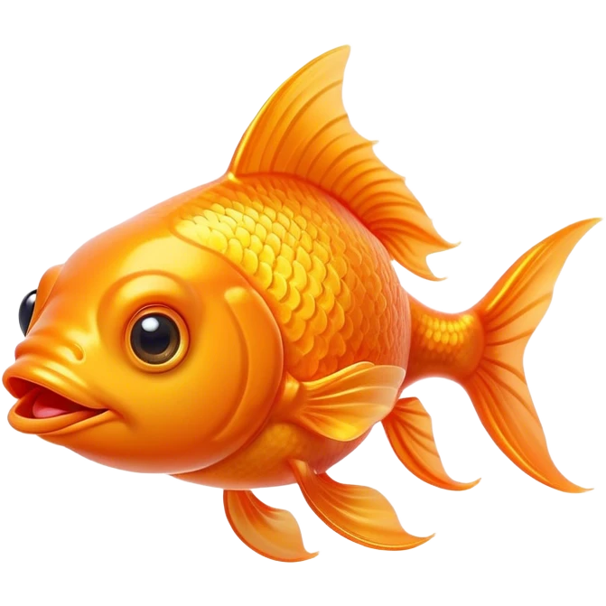Cinematic Comical Orange Goldfish Portrait Emoji, Head tilted dramatically with an exaggeratedly amused expression, featuring a striking, glossy orange body with lively, fluttering fins, wide, expressive golden eyes filled with playful disbelief, Simplified yet hilariously expressive features, highly detailed, glowing with a slightly sassy glow, high shine, dramatic yet playful, stylized with an air of cheeky mischief, bright and endearing, soft glowing outline, capturing the essence of a spirited and over-the-top goldfish, so meme-worthy it feels like it could side-eye its way into internet fame instantly! emoji