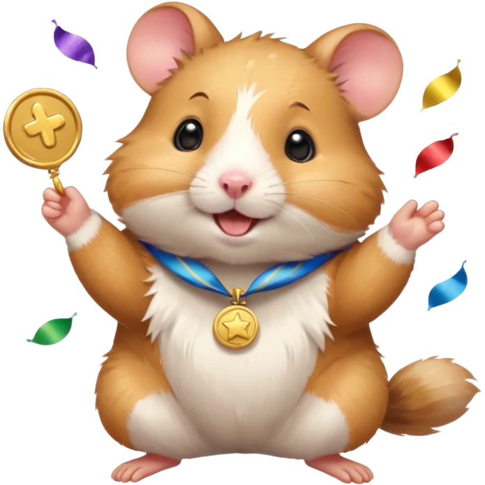 Cute cartoon-style hamster throwing confetti, holding a tiny medal, joyful expression. Painterly shading, white background, sticker-style illustration emoji
