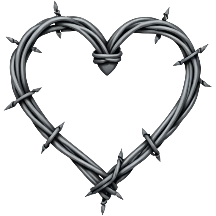 Minimal black line art heart made from barbed wire, hand-drawn sketch look, uneven ink strokes, 6–7 barbs with twisted knots, simple clean outline, centered on plain white background, high contrast emoji