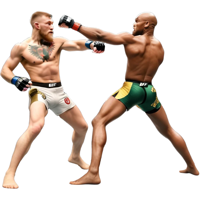 An MMA showdown between Conor McGregor and Anderson Silva in the octagon. McGregor is preparing a striking kick, while Silva is in a defensive stance. The background features the UFC octagon with cheering fans and intense energy. Transparent background  emoji
