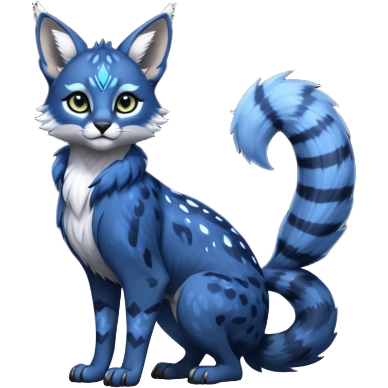 Cute kawaii cool edgy badass  glossy midnight-blue fur with silver starlight dusting fantasy-caracal-civet-genet-sergal-vernid-Gryphon-Cacomistle-Trico-oncilla-animal-Fakémon-hybrid-fursona (full body), facial markings, (realism style) emoji