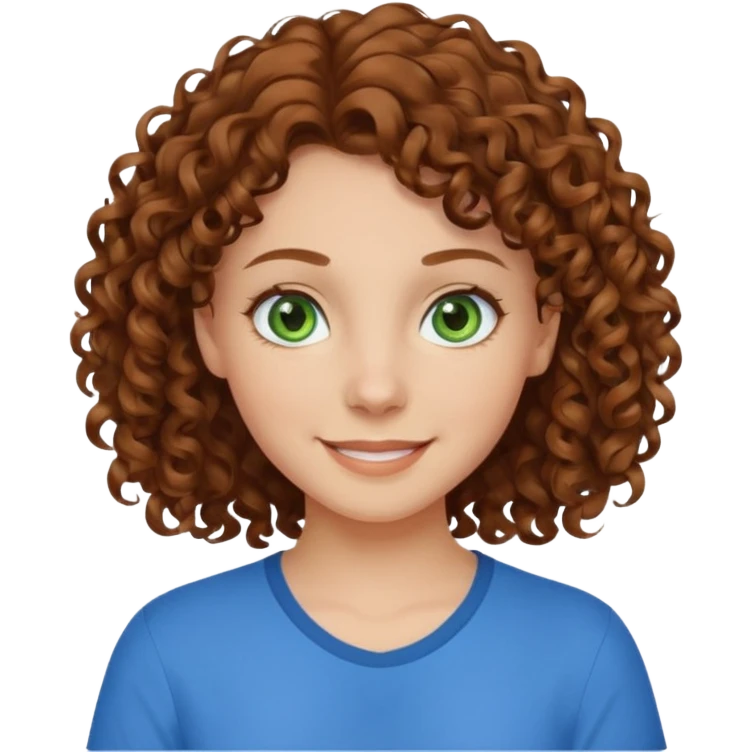 girl with brown hair, green eyes with a blue shirt no background ,young with curly hair smileing emoji